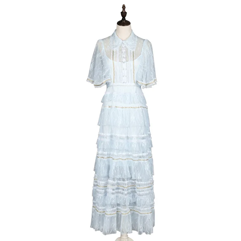 

Elegant Light Blue Ruffles Lace Long Party Dresses Women 2021 Summer Runway Designer Dress