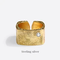 wide square metal crystal fingerprint gold rings for women men 925 sterling silver punk couple wedding rings new luxury jewelry
