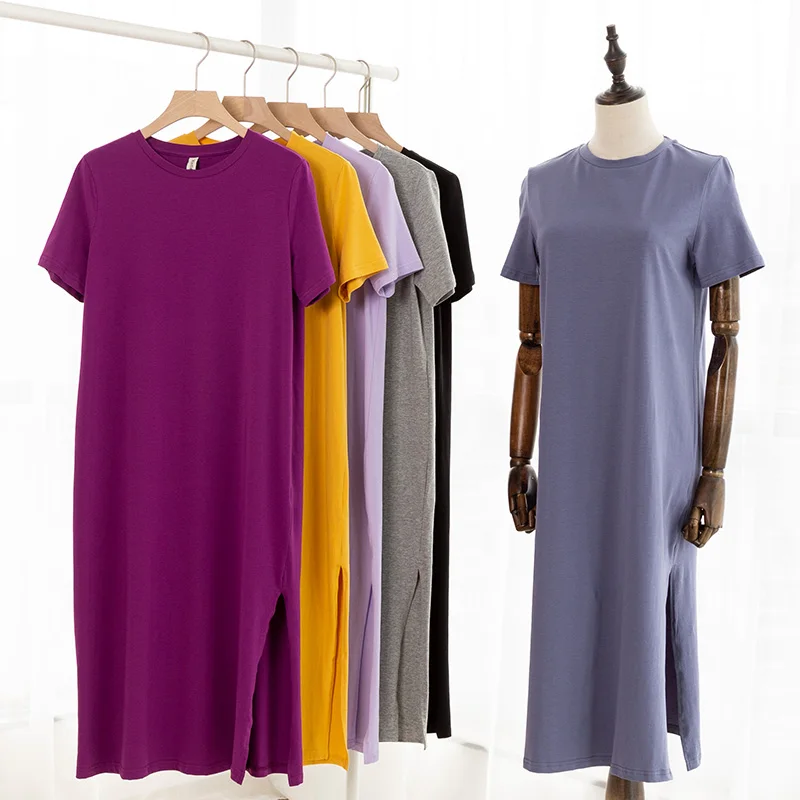 Casual 94% Cotton Summer Women's Dresses Solid Short Sleeve Spilt Long Midi Dress Fashion Sundress Female Clothing
