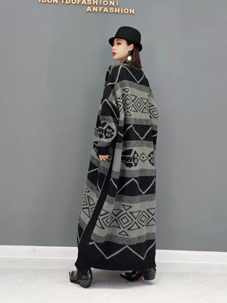 QING MO Spring Winter Fashion Retro Printing Sweater Jacket Women 2022 New Plus Size Single Breasted Knitted Long Coat ZWL1077 | Женская