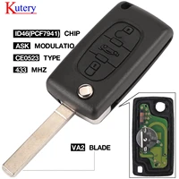 kutery va2 car key ask 433 mhz id46 pcf7941 for peugeot 207 407 306 partner ect 3 button flip remote fob ce0523