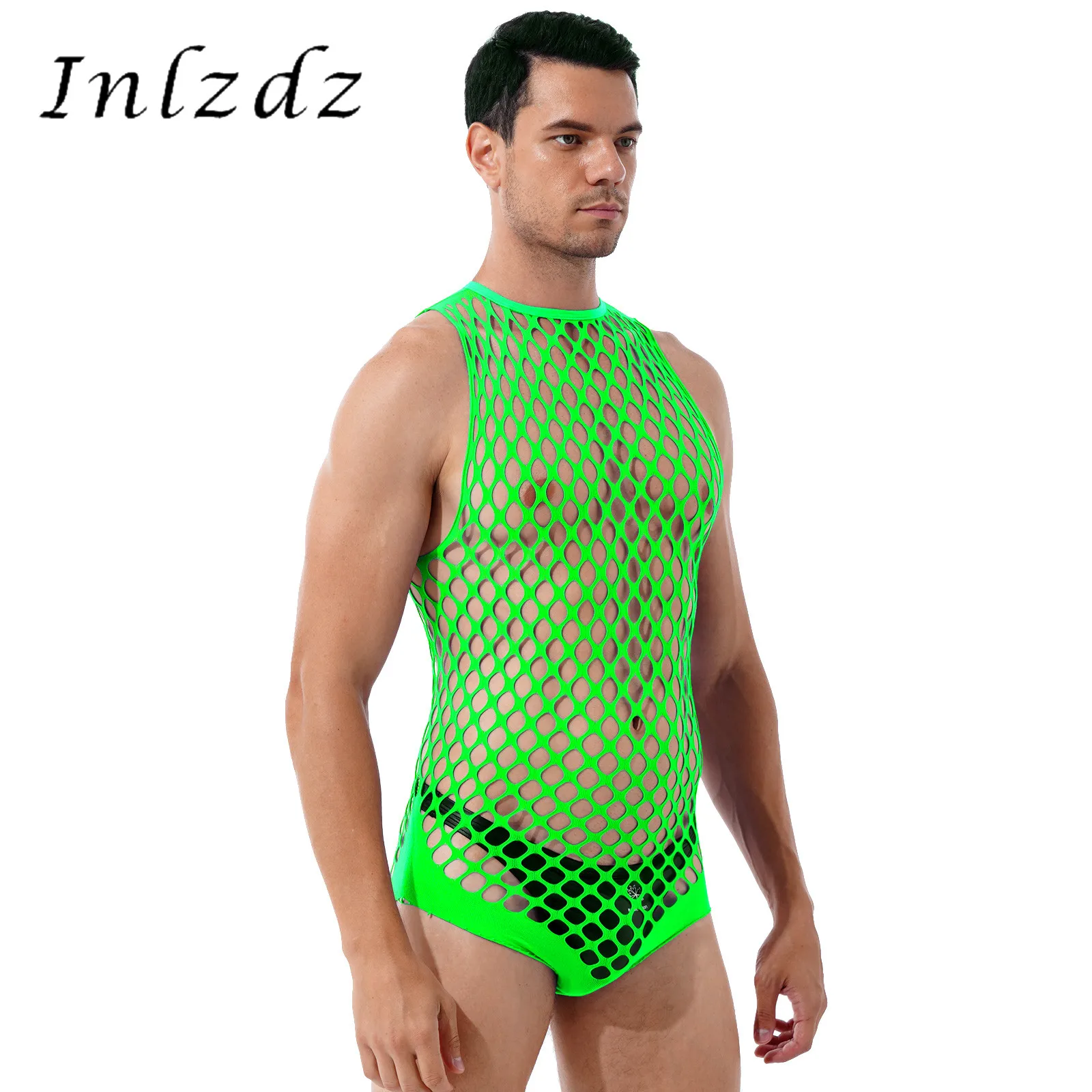 Mens Lingerie See-through Netted Sexy Bodystockings Nightwear Hollow Out Stretchy Bodysuits Halter Neck Sleeveless Teddies | Тематическая
