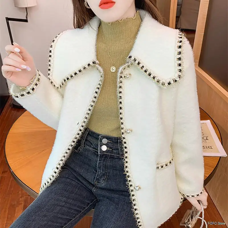 

Женское короткое плюшевое пальто, элегантное однотонное вязаное пальто для женщин, Короткие Дамские топы, пальто с отложным воротником, 2021