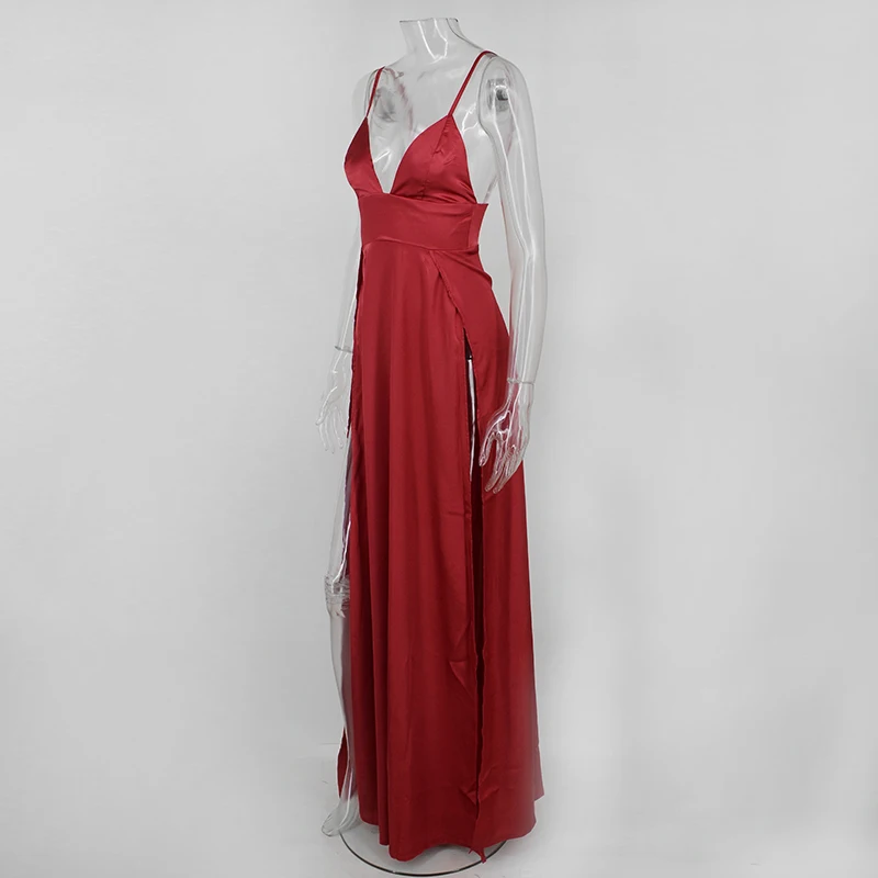 DRESSMECB, новое модное летнее платье, женское сексуальное вечернее платье с глубоким v-образным вырезом и высоким разрезом, элегантное платье на бретельках Vestidos