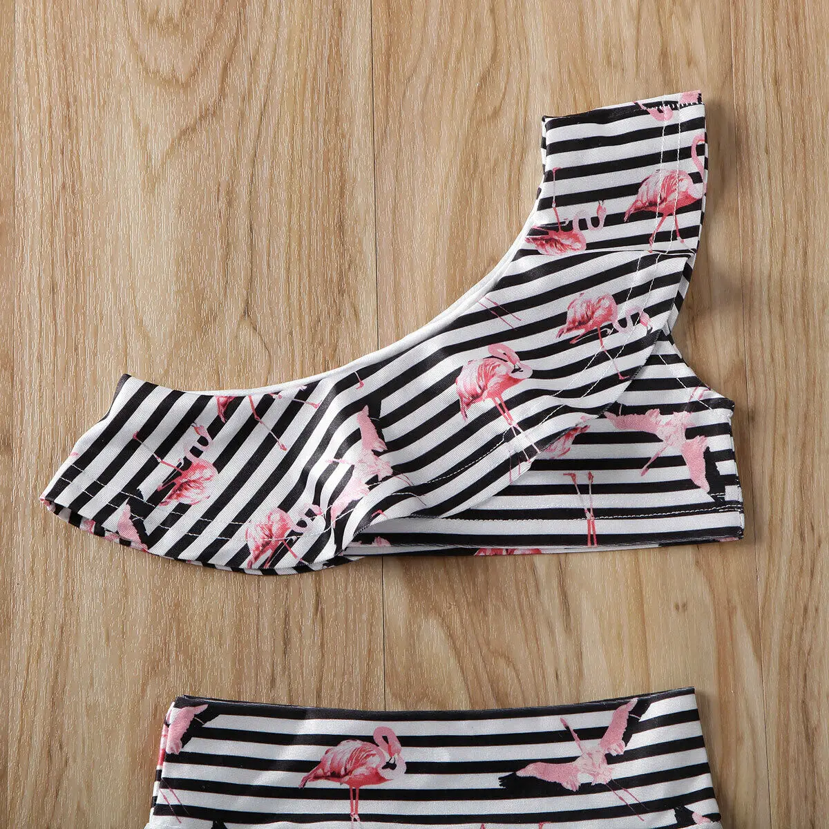 0-4T Toddler Baby Girls Kid Stripe One Shoulder Tops + Shorts Swimsuit Swimwear Flamingo Swimming Outfit | Мать и ребенок