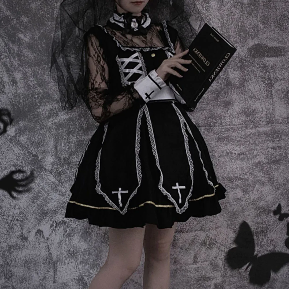 

2021 New Summer Lolita Fashion Women's Dress Lace Stitching Sexy Perspective Round Neck Long Sleeve Gothic Hipster
