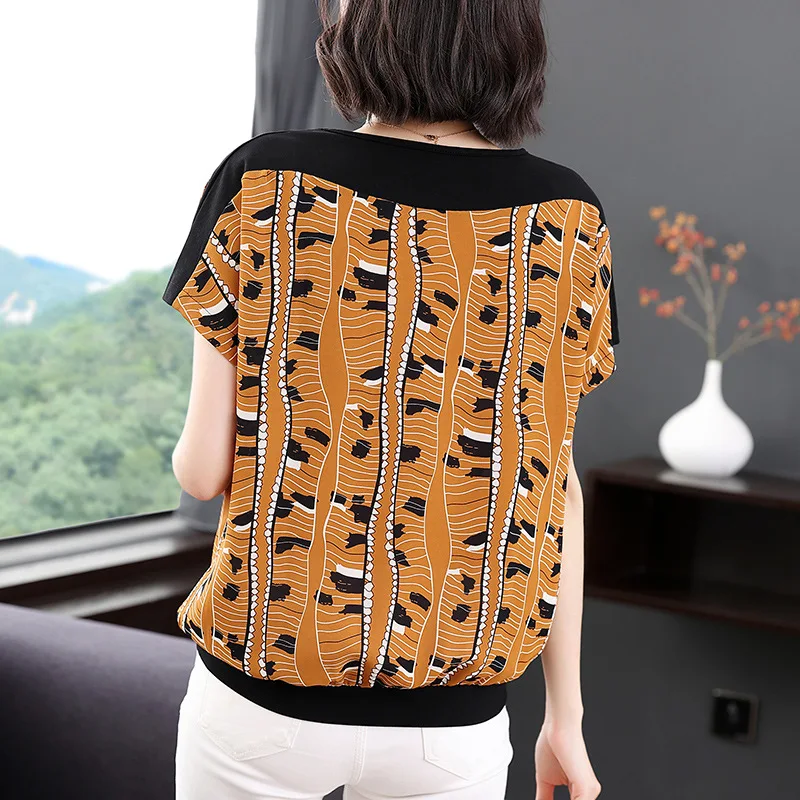 

elegant Stripe Print Diamonds Women Chiffon T Shirt Top Summer O-neck Short Bat Sleeve Loose Female Blouse Plus Size Shirt 2021