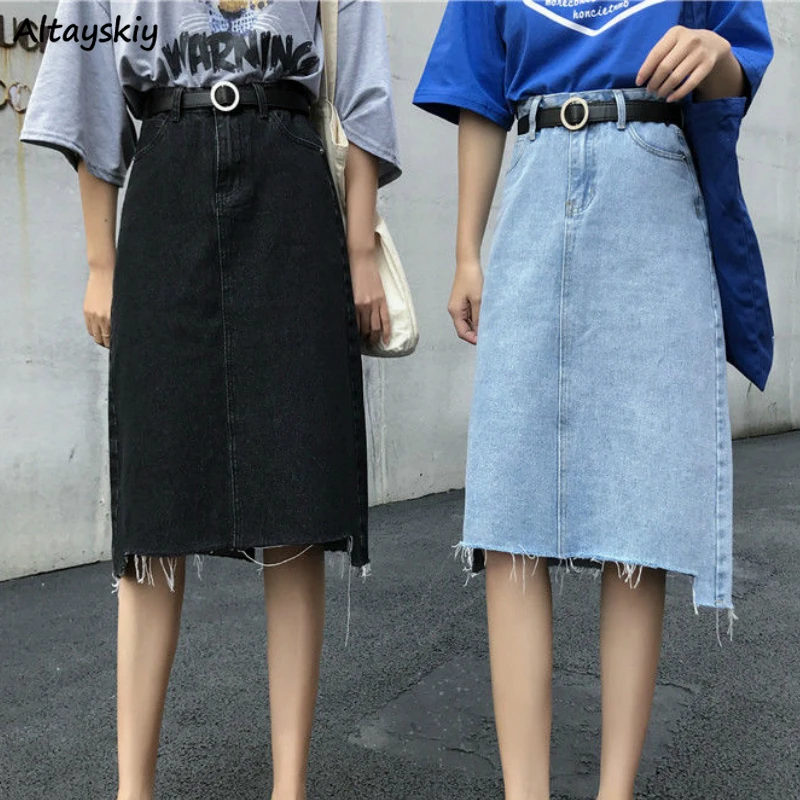 

Skirts Women Pure Black Denim Summer Chic Asymmetrical A-line High Waist Girls Skirt Sashes All-match Leisure Student Streetwear