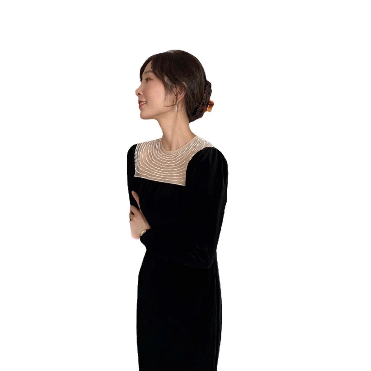 

Светильник свиданий легкое роскошное облегающее бархатное платье ручной работы с жемчугом и датой