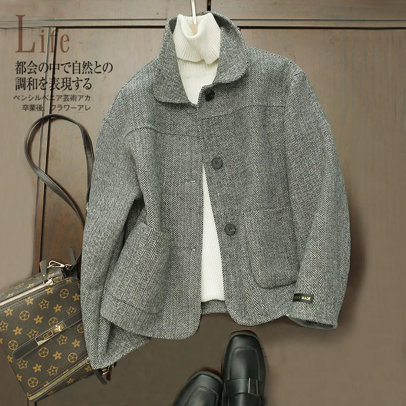 

Двухстороннее шерстяное короткое пальто с узором в елочку, Женское пальто на осень/зиму 2021, Женское пальто, Новинка