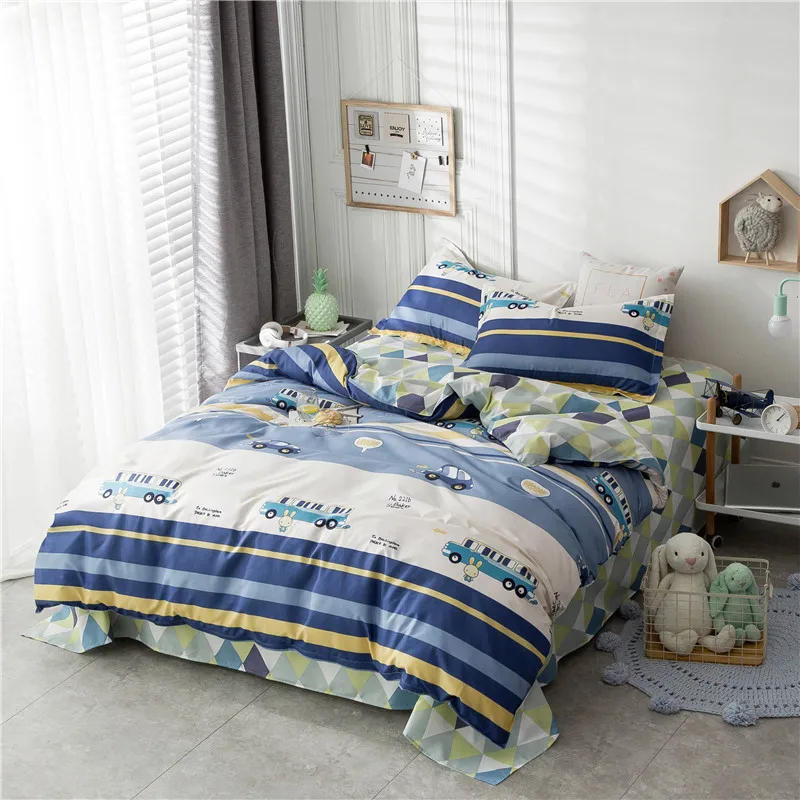 

Home Textile Duvet Cover Pillowcase Flat Bed Sheet Car Bus Blue Stripe Bedding Linens Set Girl Kid Teen Boys Bedclothes