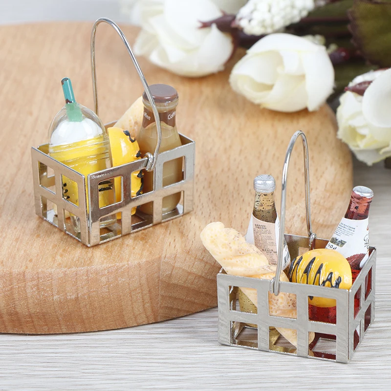 

5pcs 1:12 Dollhouse Miniature Food Toy Dinning Fruit Metal Coffee Wine Bread Milk Basket Food Doll House Miniature