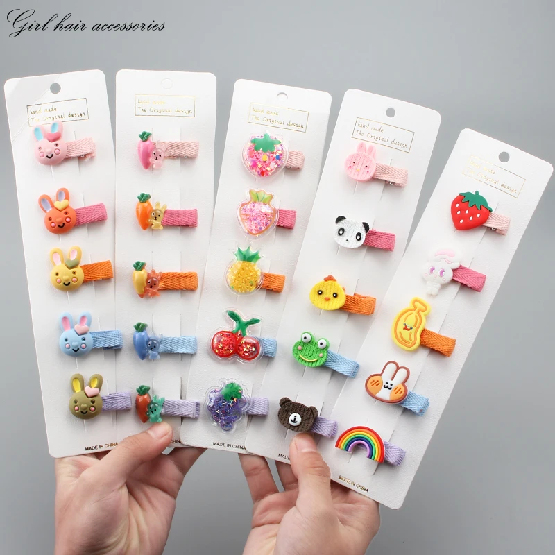 

5Pcs/Set Cartoon Baby Bow Cute Animal Hair Clips Girl Hairpin Headdress Children Cide Clip Full Cloth Bag Hair Accessories