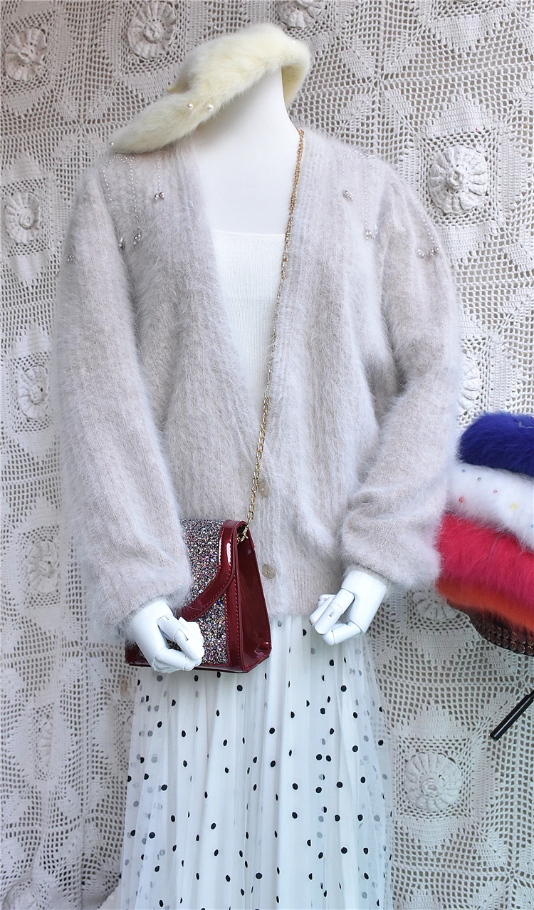 Autumn sexy women coat small deep v-neck classic vintage design crochet beading real angora rabbit fur knitted ladies jacket |