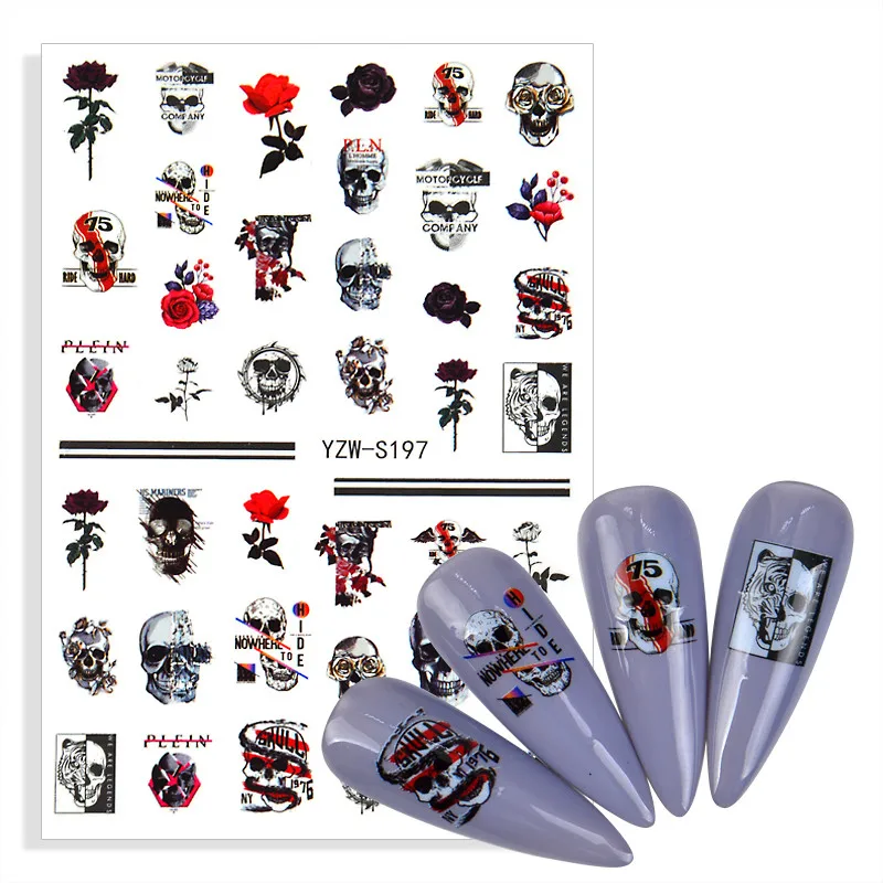 2022 новые ногти на Хэллоуин сексуальные красные розы черепа кости ужас большой