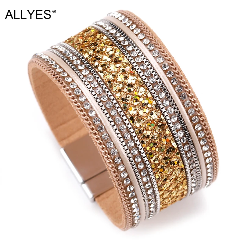 ALLYES, женский кожаный браслет, Femme, Cystal, блестки, проложили, богемный стиль, широкие браслеты-манжеты и браслеты, Женские Ювелирные изделия