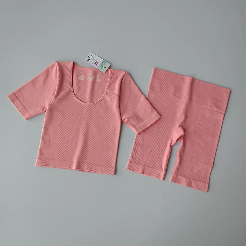

2Pcs Seamless Yoga Set Sport Suit Women Workout Clothes Ribbed Gym Set Short Sleeve Crop Top Yoga Shorts Fitness Shorts Sets