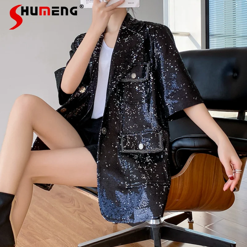 

Женский блейзер с длинным рукавом, черный пиджак свободного покроя с блестками и английским воротником, пальто в Корейском стиле на лето, 2021