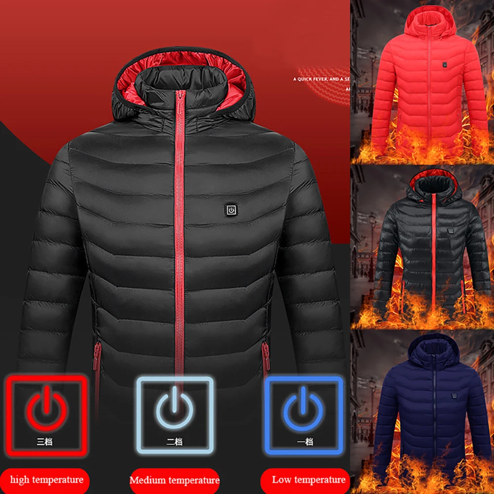 New Men Smart USB Heating Cotton Coat Solid Color Windproof Warm Hooded Jacket Winter Cold-Resistant Artifact