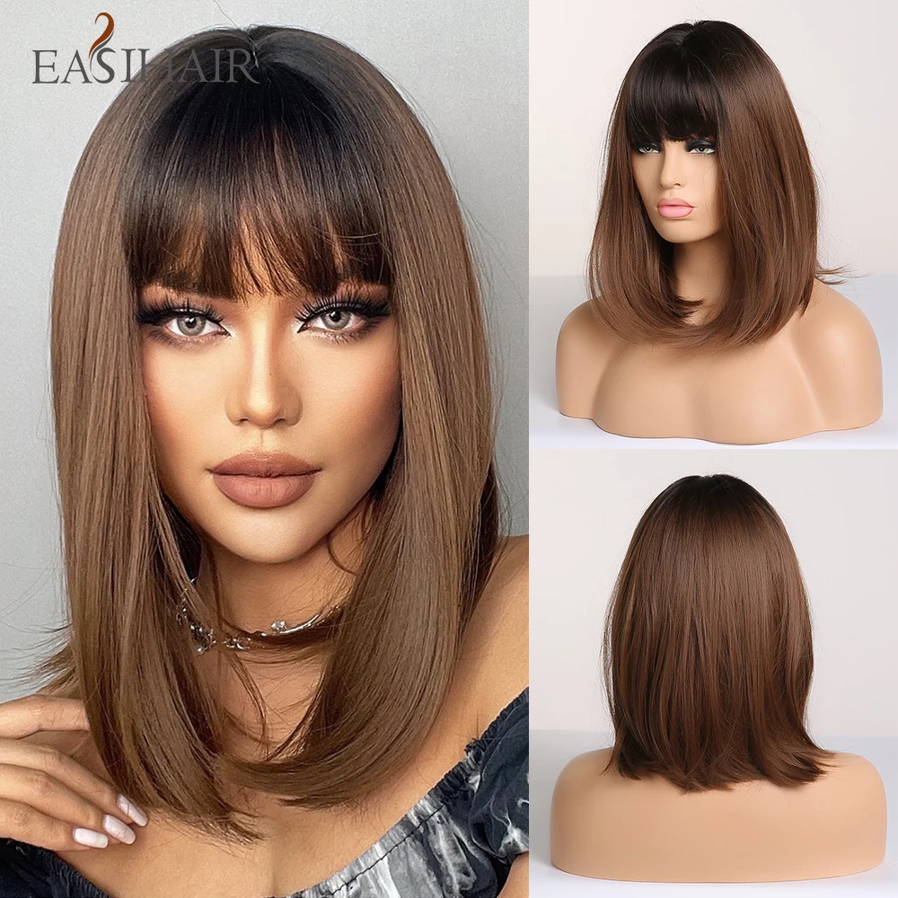 

EASIHAIR Synthetic Wigs for Women Honey Brown Wigs with Bangs Bob Wig Heat Resistant Cosplay Wigs Medium Length Cute Daily Wig