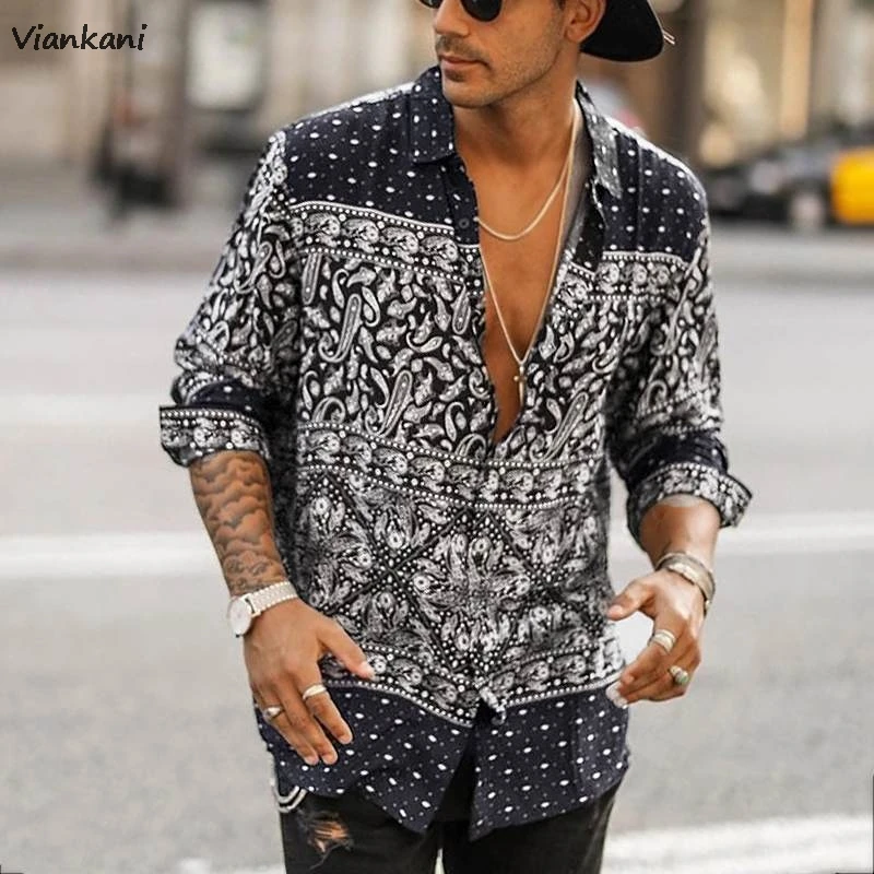 

Man's Shirts 2021 Autumn New Printed POLO collar Casual Blouse Male Vintage Ethnic Hawaii Beach Long Sleeve Shirts