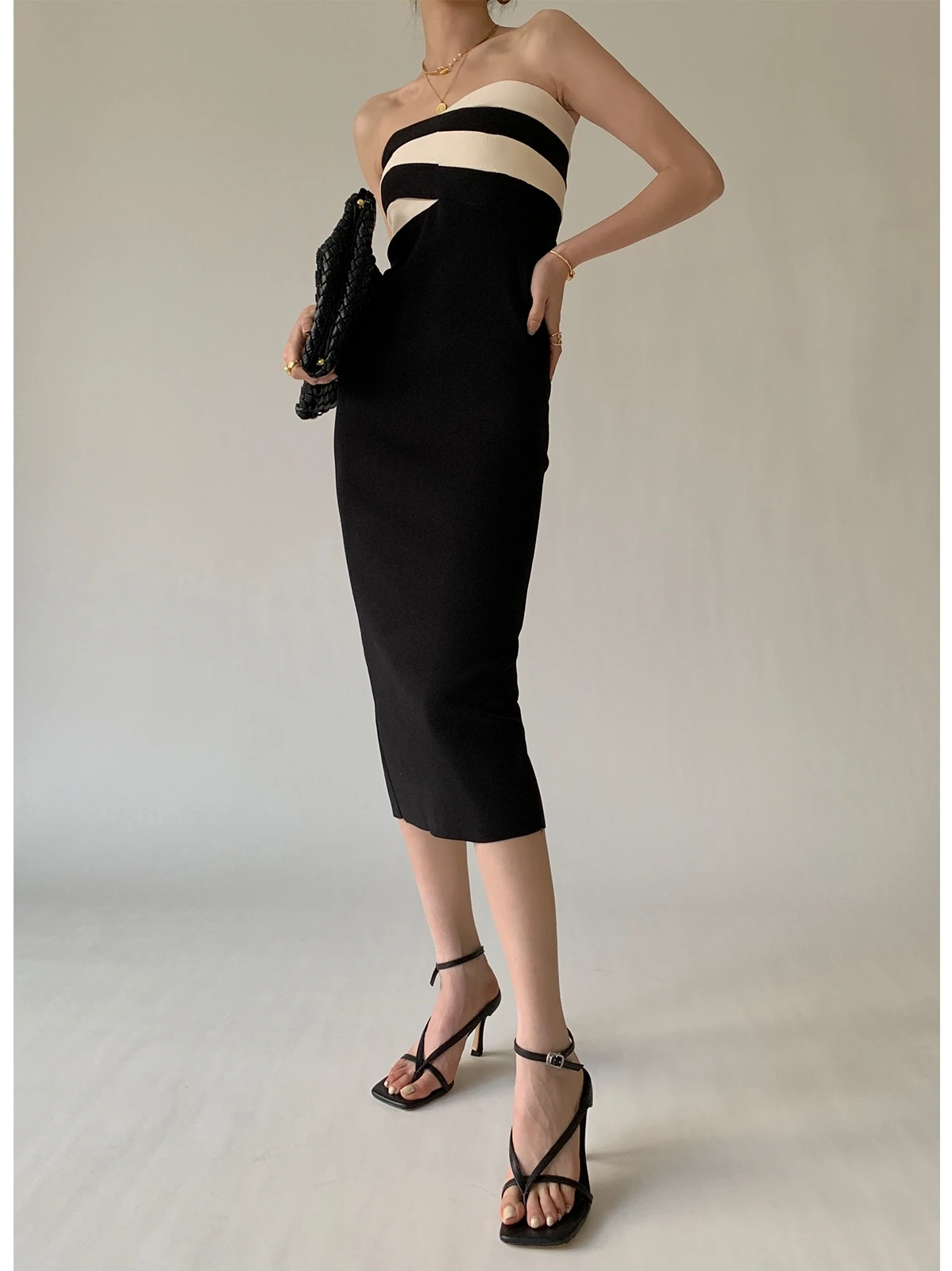 

HESAPP Color-blocking robe striped tube top sleeveless dress female slim black split hip long dress vestidos fiesta off-shoulder