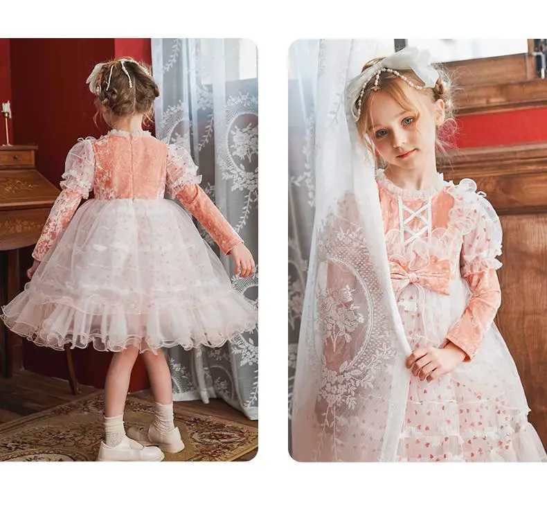Vestido de terciopelo Lolita para ni&ntilde;as, ropa de fiesta de 3 a 12 a&ntilde;os, largo hasta la rodilla, con dobladillo suelto de manga larga y malla completa, Oto&ntilde;o e Invierno-3