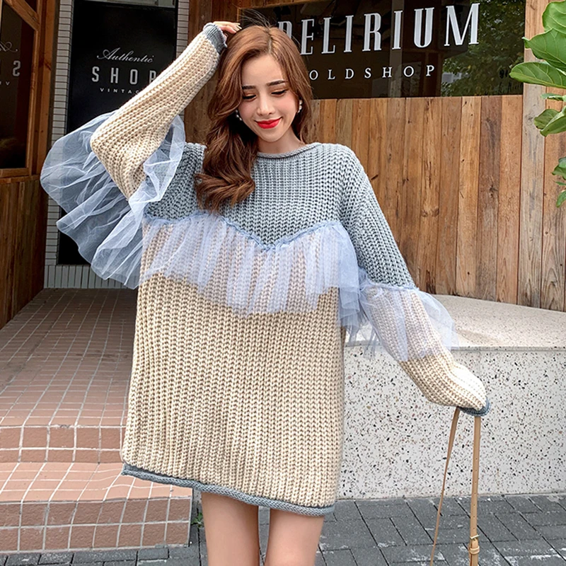 GALCAUR корейский стиль лоскутные кружевные свитера для женщин круглый вырез