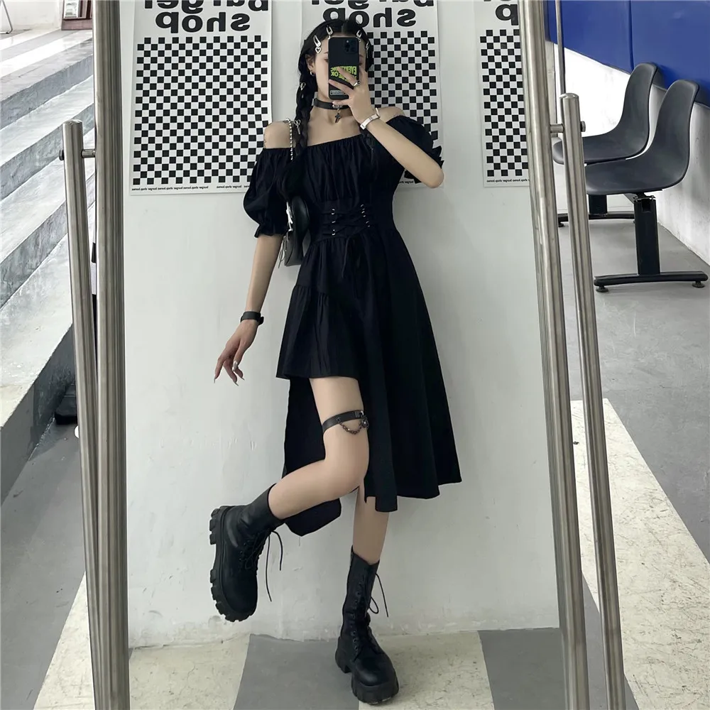 

Korean Summer Harajuku Diablo Style Punk Girl Dress Vintage Square Collar Puff Sleeve Bandage Irregular Preppy Style Black Dress