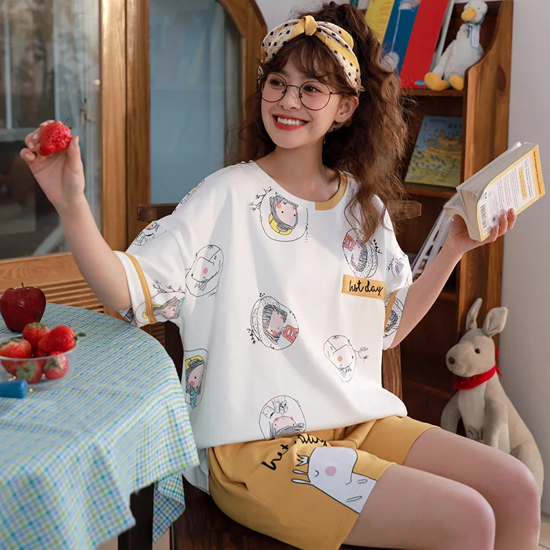 

Summer Pijama 100% Cotton Cute Cartoon Print Short Set Pajamas for Women Pajama Set Sweet Short Sleeve T Shirts & Shorts