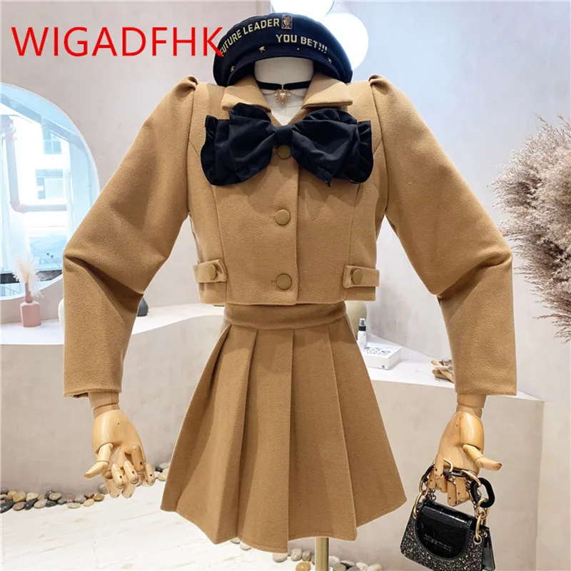 

Женский комплект из двух предметов, короткая куртка в западном стиле с бантом и плиссированная юбка А-силуэта с высокой талией, Осень-зима ...