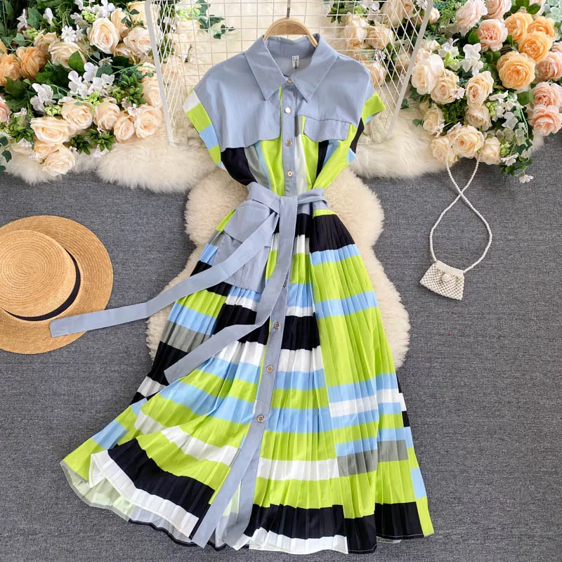 

Women Hit Color Patch Pleat Vestidos High Waist Hip Sashes A Line Robe Turn Down Collar Short Sleeve Single Breast Dress 5563