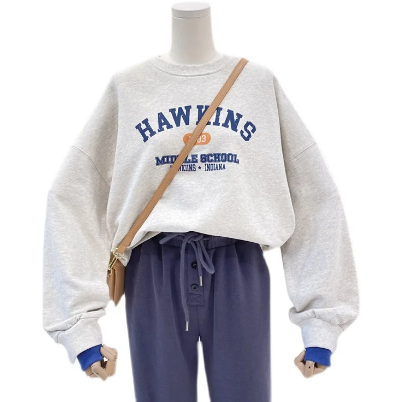 

Stitching Fake Two Piece Sweater Women's Korean Printing Letter Terry Cotton Loose Round Neck Long Sleeve Pullover Top