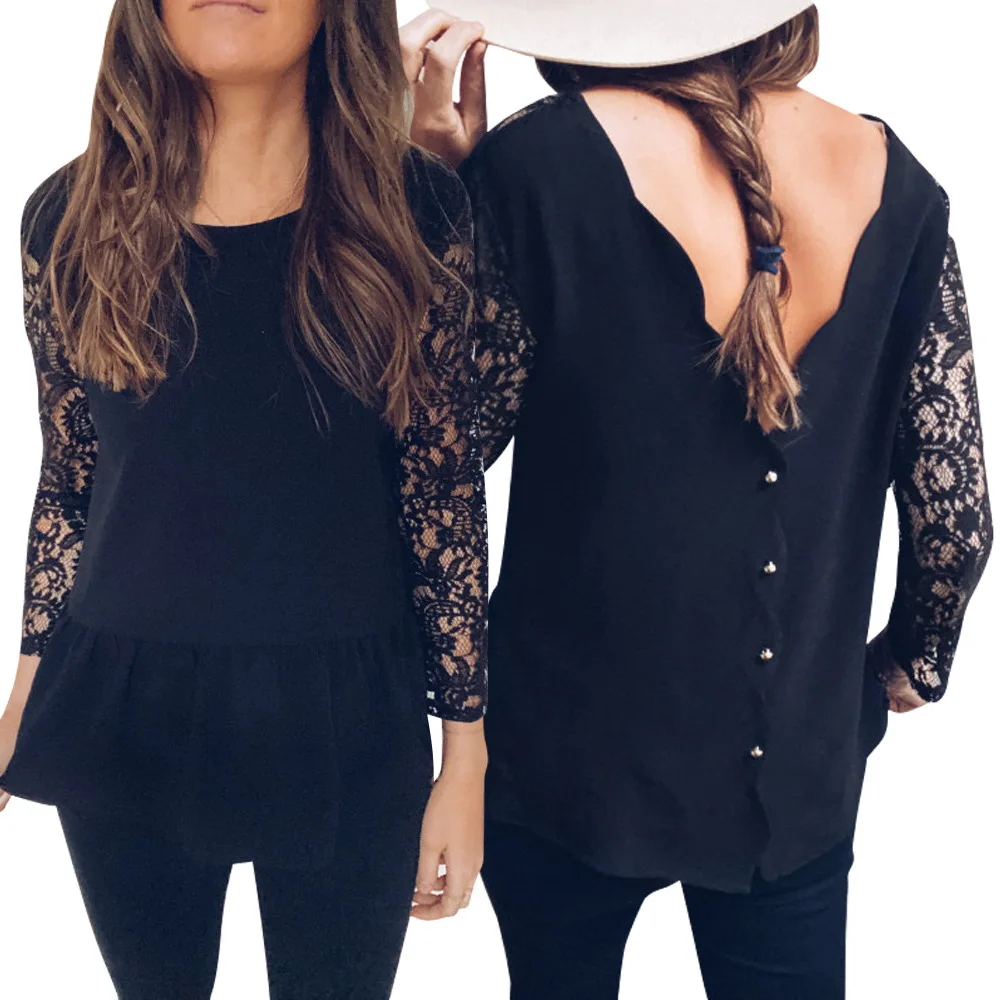 

Korean Backless Women Shirt Fashion Back Button Sexy O-Neck Black Shirts 2020 Autumn Long Sleeve Lace Bodycon Tops Blouse Female