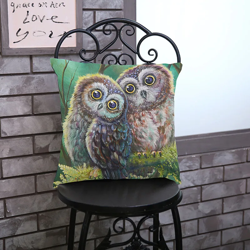 Льняная декоративная наволочка с изображением ночного леса животных Совы жирафа