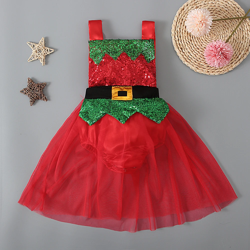 

0-24M Baby Girl\u2019s Casual Bandage Suspender Romper Fashion Christmas Sequin Mesh Yarn Hem Triangle Jumpsuits