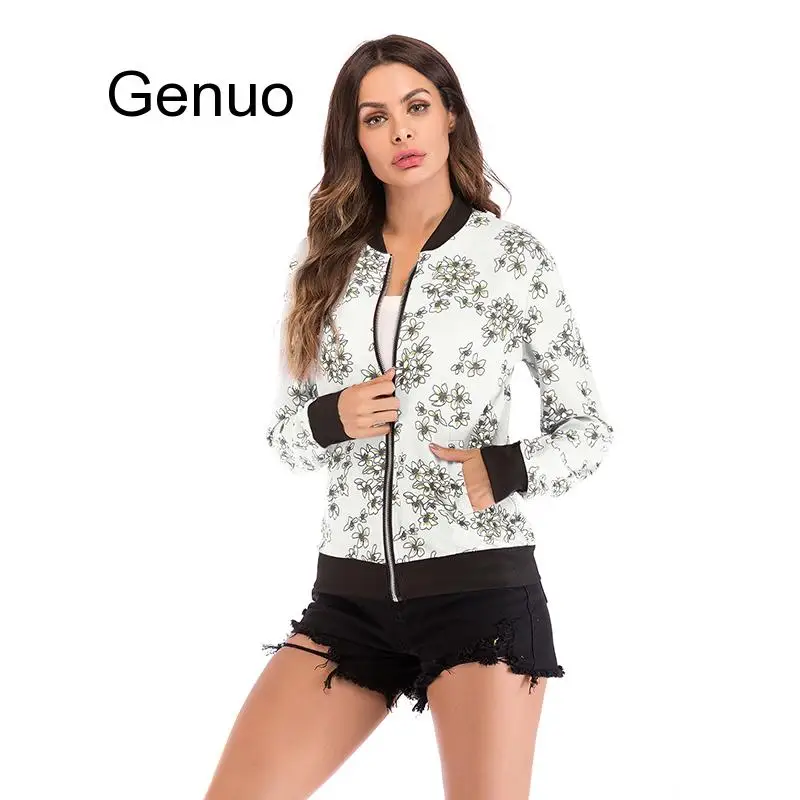 Куртка-бомбер женская с цветочным принтом на молнии длинным рукавом | Женская