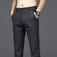 high quality men pants black vertical striped suit pants autumn mens classic business elastic waist slim plaid casual trousers
