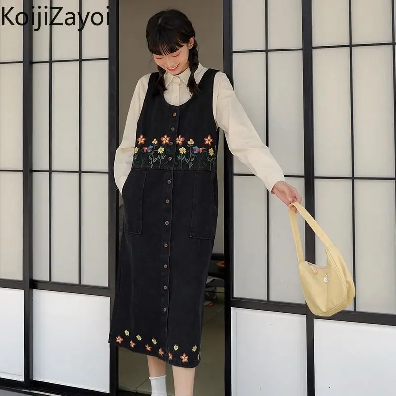 

Женское джинсовое платье с цветочной вышивкой Koijizayoi, длинное платье без рукавов с квадратным вырезом, винтажные платья в японском стиле, женские свободные платья