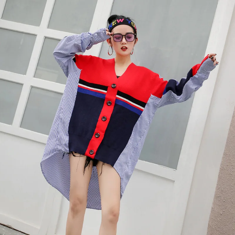 

Vefadisa Plus Size Fake Two-piece Blouse Knitting Patchwork Women Blouse 2021 Spring V-Neck Irregular Cardigan Top QYF3353