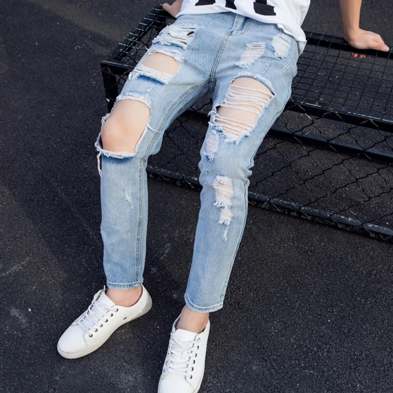 

Mens Stretchy Ripped Regular Biker Streetwear Hip Hop Jeans Destroyed Hole Taped Fashion Blue High Quality Male Denim Trousers