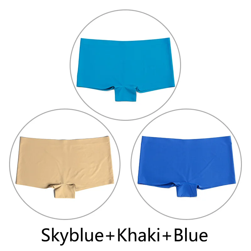 Skyblue Khaki Blue 3 шт./партия, большие размеры, трусы для мальчиков, Бесшовные шелк, однотонный, высокая талия, сексуальное нижнее белье, женское эластичное белье, SX-L, американский размер - Цвет: Skyblue Khaki Blue