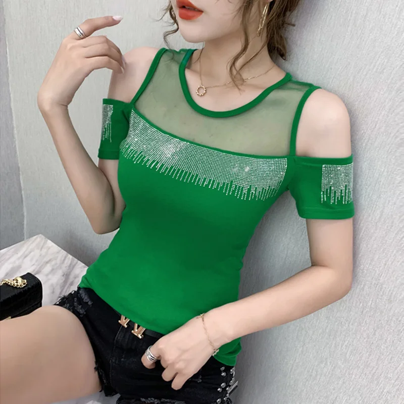 2021 Summer New short-sleeved Women t-shirt sexy O-neck hot diamond fashion strapless wild slim T-shirt women tops | Женская одежда