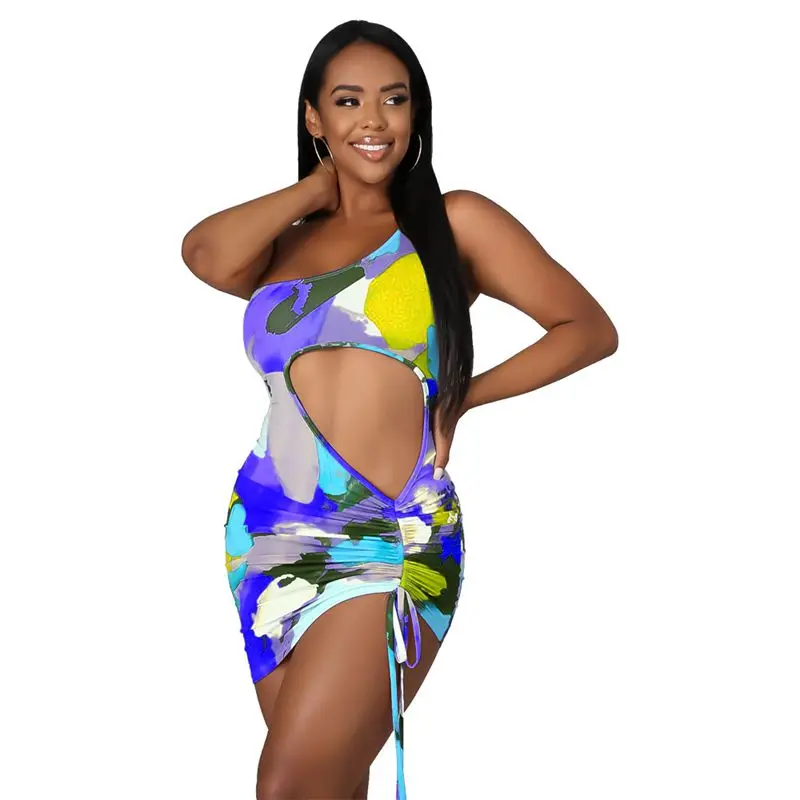

Trendy Colorful One Shoulder Dresses for Women 2021 Beachwear Clothing summer Drawstring Y2k Sexy Party Bodycon Dress