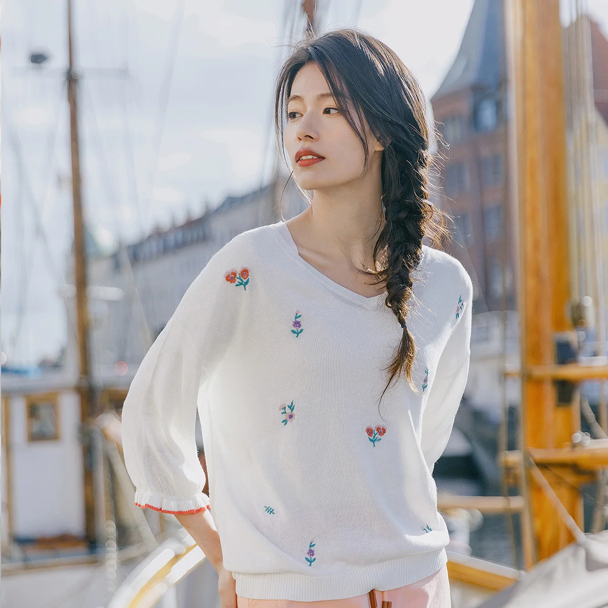 INMAN весенний литературный чистый и свежий пуловер с v-образным вырезом кружевными