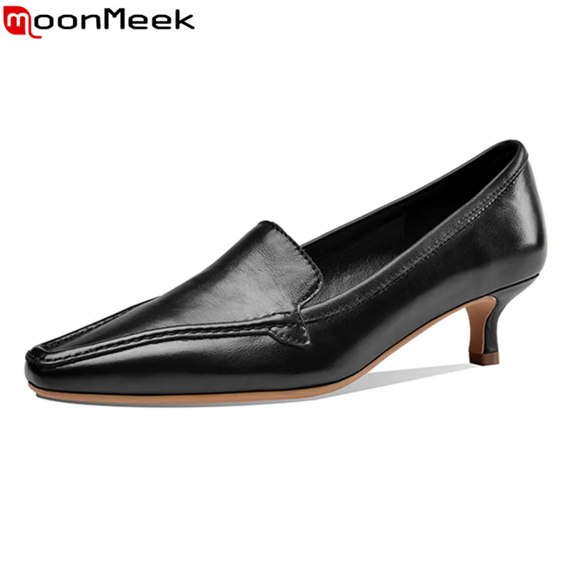 MoonMeek 2020 New Brand genuine leather women pumps summer ladies shoes stiletto heels square office | Обувь