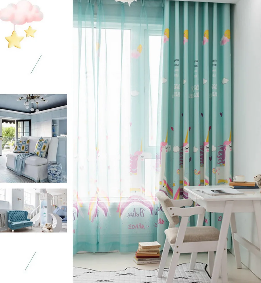Милый штора с мультипликационными мотивами для девочек, спальни, Радужный Единорог, дизайн, принт, озеро, синий прозрачный, тюль, Затемняющая штора Штора для детской