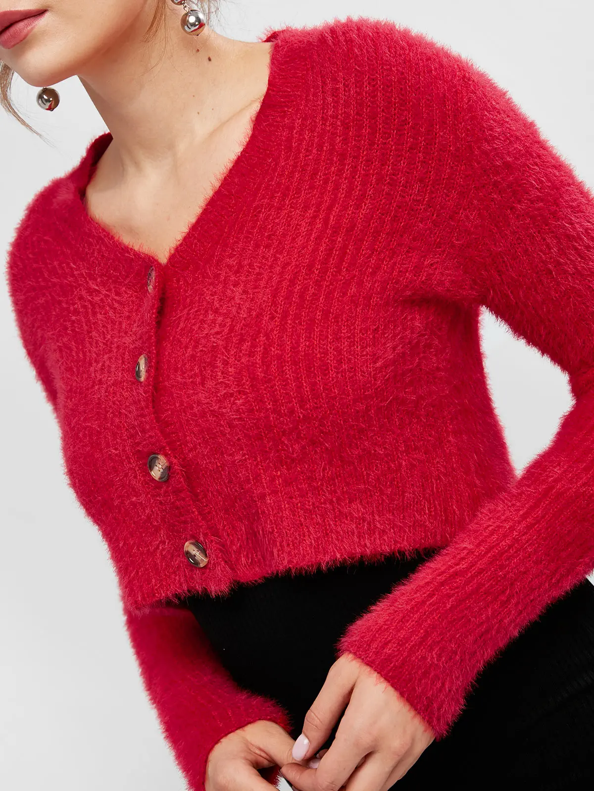 ZAFUL Fuzzy Buttons Cropped Cardigan V-Neck Slim Fit Solid Elastic Short Women Sweaters Cute Style 2019 Autumn Warm |