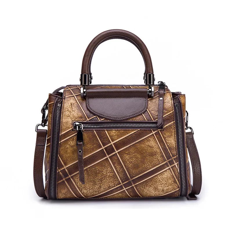 

New real shot retro craft embossed hand-painted fashion top layer cowhide women's portable diagonal handbag