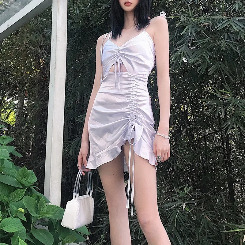 Satin Ruched Dress Women Bodycon Mini Dresses Sexy Pleated Hollow Out Female Sumdress Night Party Club 2022 Summer Vestido